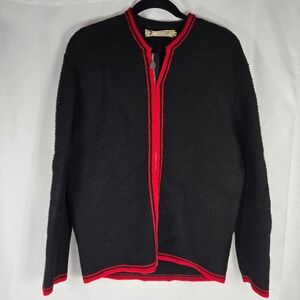 ASRI Handwork Wool Trachten Cardigan Austria Knit Zip Front Black Red Trim ‎ M